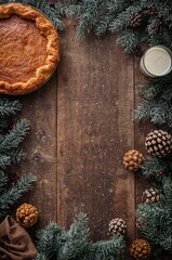 Fototapeta premium Rustic Christmas Flatlay with Homemade Pie, Milk and Frosted Pine Branches on Wooden Table — Cozy Holiday Baking Background with Copy Space