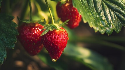Ripe red berries dangle from their green stems adorned with glistening water droplets