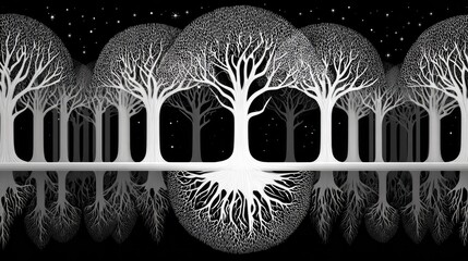 Stylized row of luminous white trees reflects perfectly on a dark surface under a starry night sky