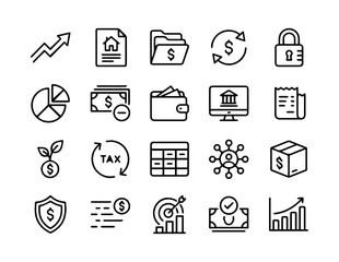 Collection of Business and Finance Icons Representing Financial Growth and Management.