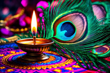 Thaipusam Hindu holiday greeting background with peacock feather and oil lamp AI Generative