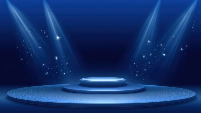 A sleek promotional podium stand shines under bright spotlights against a deep blue backdrop, - Powered by Adobe