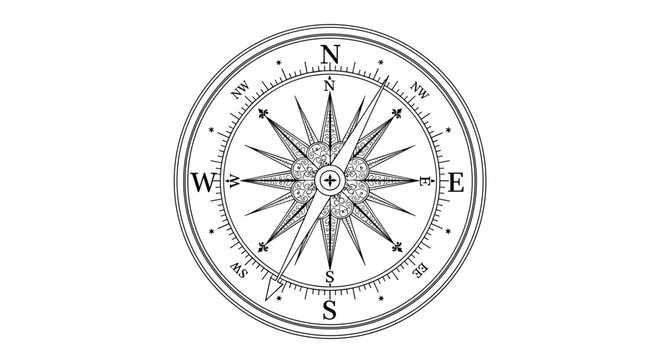 Vintage compass rose illustration, nautical navigation tool, detailed wind rose design, black and white drawing