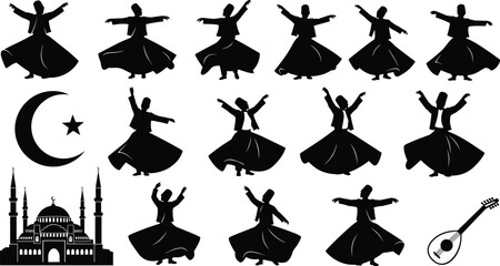 Turkish whirling dervishes black silhouette vector illustration set, traditional Sufi Mevlevi Sema ritual dance, iconic Islamic Crescent star symbol, Mosque architecture, Saz lute musical instrument.