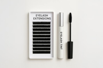 Eyelash extension set with black lashes and eyelash tint tube with brush on light background for cosmetic application.
