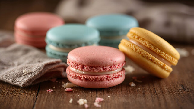 Close up pastel macaron placed on wooden table presenting inviting bakery menu display food photography background aesthetic wallpaper 4k