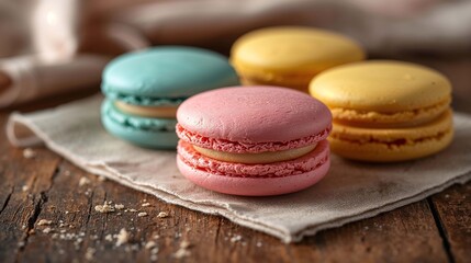 Delicate pastel macaron featured in close up on wooden table bakery menu display food photography background aesthetic wallpaper 4k