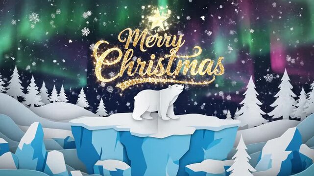 Christmas landscape animated with polar bear and festive text