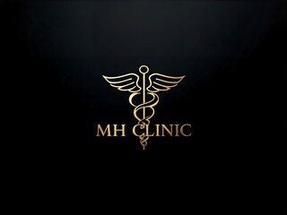 Elegant golden caduceus symbol and mh clinic branding on a refined black background
