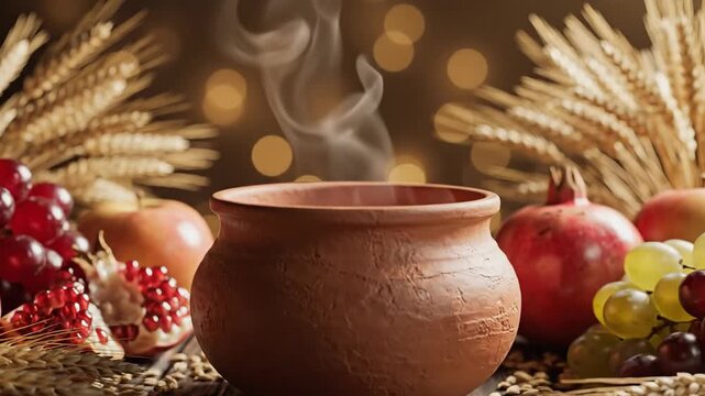 Steaming Clay Pot with Harvest Fruits and Grains Festive Background