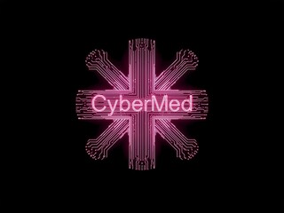 Cybermed: a vibrant neon circuit board symbol representing the future of digital healthcare technology