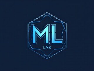 Futuristic ml lab logo featuring glowing blue letters within an intricate hexagonal frame design