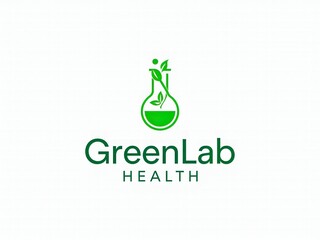 Greenlab health logo featuring a natural science blend with plant and flask design
