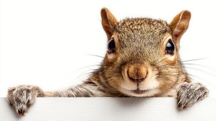 Fototapeta premium Curious rodent peers over a white ledge with bright eyes against a clean background