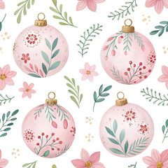 &ldquo;Seamless pattern of hand-painted Christmas baubles with delicate floral motifs, soft watercolor texture, pastel palette, tileable repeating design.&rdquo;