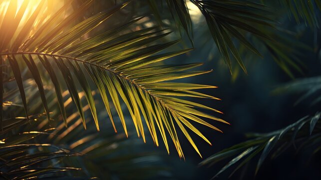 Sunlight filters through dense tropical foliage highlighting deep green palm fronds.