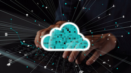 A modern representation of cloud technology with a person typing on a keyboard. The image features a digital cloud surrounded by connecting data lines and tech icons, symbolizing innovation. Xenic
