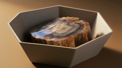 Petrified Wood Slice in Geometric Bowl, Studio View