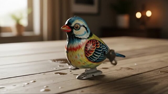 Animated Retro Bird Toy Strutting Across a Wooden Surface in a Cozy Interior for a Nostalgic and Playful Vibe, Perfect for Vintage, Childhood Memories, and Whimsical Themes