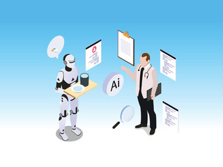 Artificial Intelligence Healthcare Assistant and Medical Data Processing 3d vector illustration