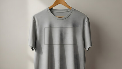 Blank Light Gray T-Shirt Mockup on a Wooden Hanger with Shadow Play, Perfect for Graphic Design Showcase