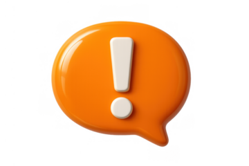 Orange 3d speech bubble containing a white exclamation mark, indicating warning, alert, or important notification on transparent background