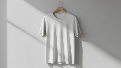 Blank white t-shirt hanging on a wooden hanger against a neutral wall, showcasing its plain design and fabric texture for customization or branding
