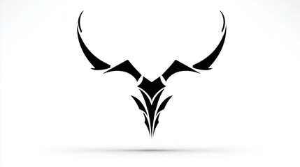 Stylized graphic depiction of a horned animal skull features sharp, tribal-inspired lines.