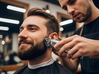 Smiling Handsome Man Getting Stylish Beard Trim by Professional Barber in a Modern Barbershop