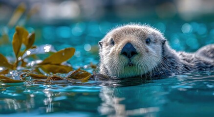 sea otter with kelp in the water