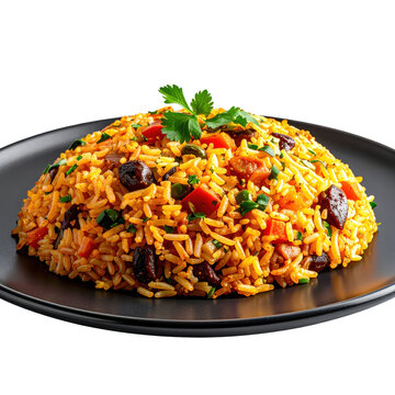 Arroz chaufa peruvian fried rice with chicken vegetables and soy sauce a popular chifa cuisine dish isolated on white background