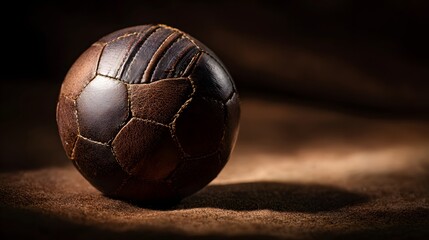 Antique leather football rests upon a textured brown surface with dramatic lighting