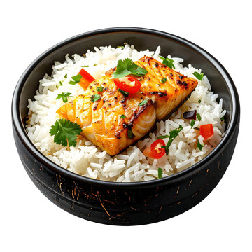 Arroz con coco a classic colombian coconut rice with a sweet and savory flavor served as a side dish and isolated on a clean white background