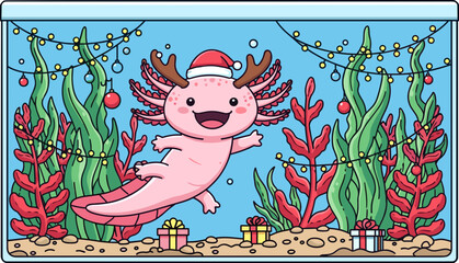 Happy Pink Axolotl wearing Santa Hat and Reindeer Antlers in Festive Christmas Aquarium with Gifts and Lights for Holiday Amphibian Art, Winter Wonderland, and Kawaii Animal Content
