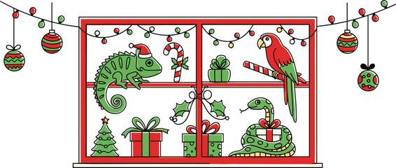 Cartoon chameleon, parrot, and snake celebrate Christmas within festive window display. Whimsical illustration features holiday decorations, gift boxes, candy canes, and Christmas tree,