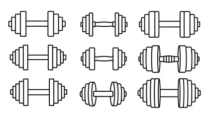 A collection of various dumbbell icon illustrations for fitness and weightlifting exercises isolated on white background
