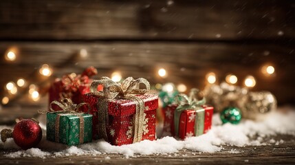 Traditional red and green Christmas gift boxes with golden ribbons on snowy wooden background and warm fairy lights, festive holiday banner