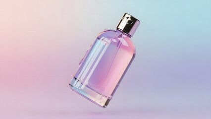 Captivating perfume flask, shimmering with a spectrum of soft pastel hues, symbolizes modern elegance and aromatic luxury