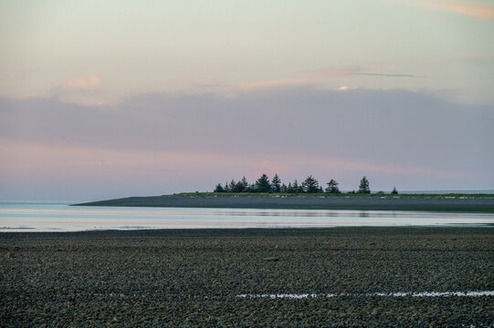Peaceful dusk view of the coastal sandspit in Sandspit, Haida Gwaii. BC, Sept 2025.