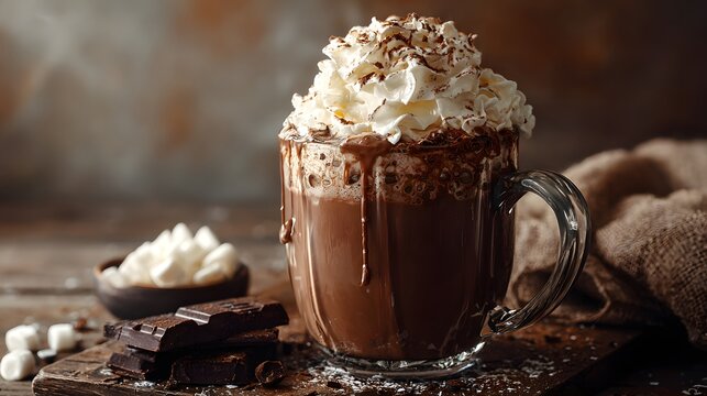 Rich, indulgent hot chocolate beverage topped with copious whipped cream and chocolate shavings sits on a rustic wooden surface