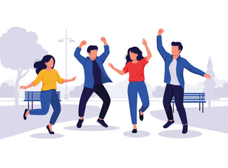 Four young diverse friends are joyfully jumping and dancing outdoors in a park celebrating freedom and happiness