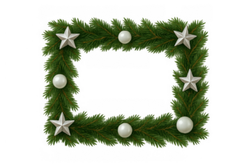 Christmas greeting design element featuring a rectangular spruce branch frame with white baubles and silver stars on a transparent background
