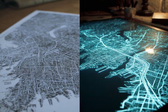 Abstract visualizations of urban maps and spatial data, representing smart cities, geospatial intelligence, and digital infrastructure analysis.