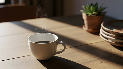 Steaming freshly brewed black coffee rests on a rustic wooden table, beautifully illuminated by warm morning sunlight, creating a tranquil moment of simple daily pleasure and quiet contemplation