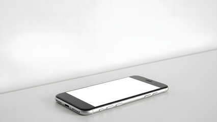 Smartphone lying on a reflective surface with a blank white screen, ready for customization or branding