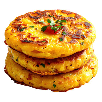 Golden brown cachapas a traditional venezuelan corn crepe stuffed with cheese served on a plate and isolated on white background