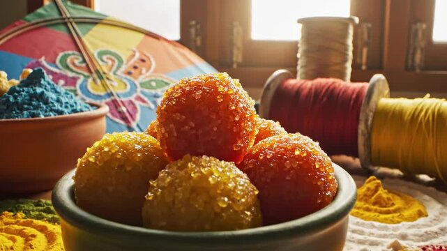 Laddu Sweets Kite Thread Powder Rangoli Makar Sankranti Celebration