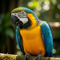 Obraz premium Vibrant parrot perched on a branch with lush foliage in a tropical setting