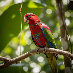 Fototapeta premium Vibrant parrot perched on branch against lush green foliage