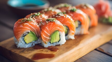 Plump salmon and avocado sushi rolls garnished with sesame seeds rest on a wooden plank.